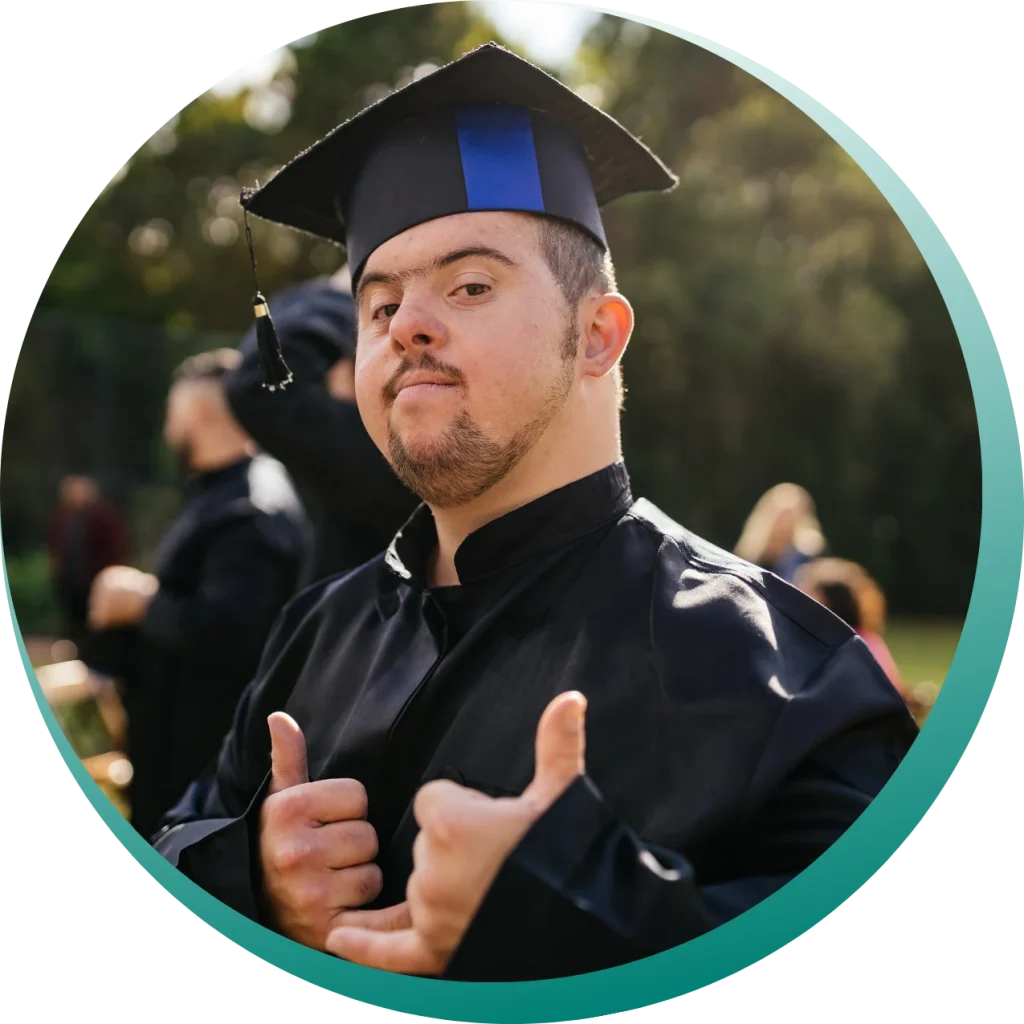 Disabled man with down syndrome smiling at camera